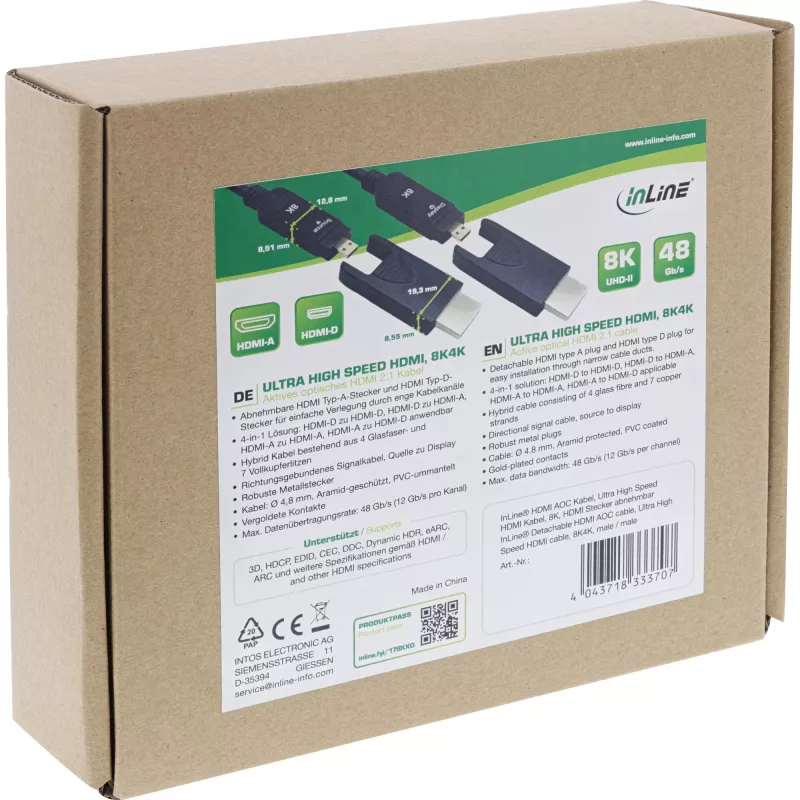 InLine HDMI AOC -kaapeli, Ultra High Speed HDMI, 8K4K, irrotettava liitin, 10m