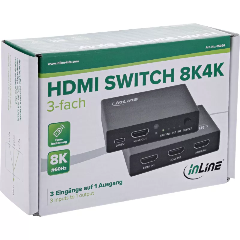 HDMI-kytkin InLine 65020 3-porttia 8K 60Hz HDCP 2.3