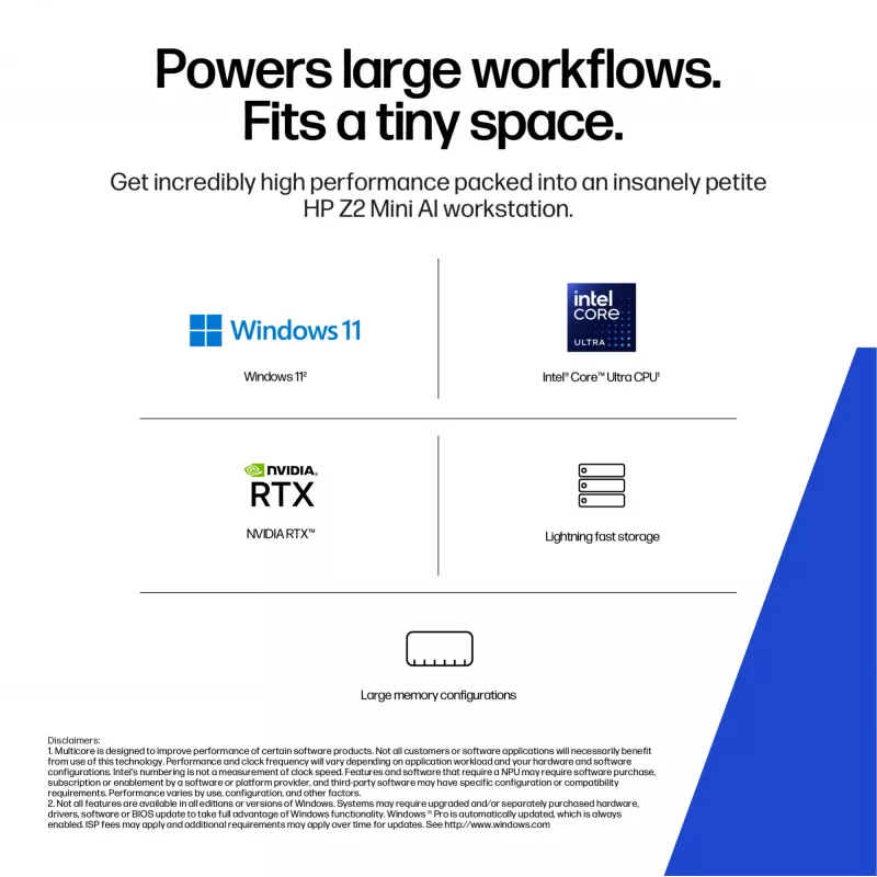 HP Z2 G1i Intel Core Ultra 7 265 32 GB DDR5-SDRAM NVIDIA RTX A1000 Windows 11 Pro Mini PC -työasema tekoälytyöasema, tekoäly-PC