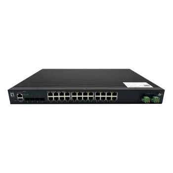 LevelOne 28-porttinen L2 Plus hallittava PoE teollisuuskytkin, 4 x 1/2.5/10GbE SFP+, 24 PoE-lähtöä, 370W, 802.3AF/AT/BT PoE, 19 tuuman rack-asennus, -40°C–80°C
