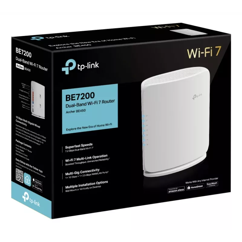 WLAN-reititin TP-Link Archer BE450 — Dual-Band (2,4/5 GHz), Wi-Fi 7, Multi-Gigabit Ethernet, 5x LAN, USB, valkoinen