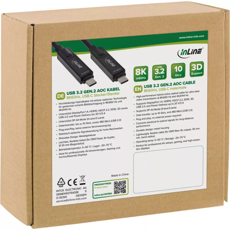 USB 3.2 Gen.2 AOC -kaapeli InLine 35793I 8K60Hz 60W optinen aktiivikaapeli