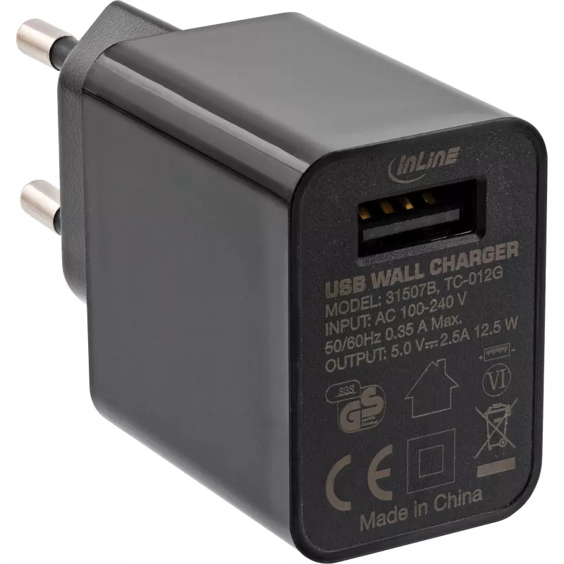InLine USB-virtasovitin Single, 100-240V - 5V/2,5A, musta