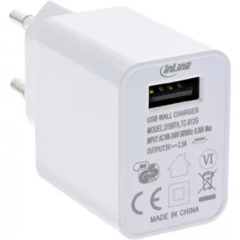 InLine USB-laturi Single, 100-240V - 5V/2,5A, valkoinen