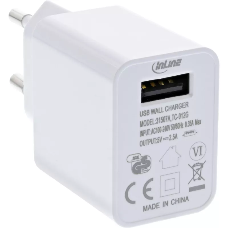 InLine USB-laturi Single, 100-240V - 5V/2,5A, valkoinen