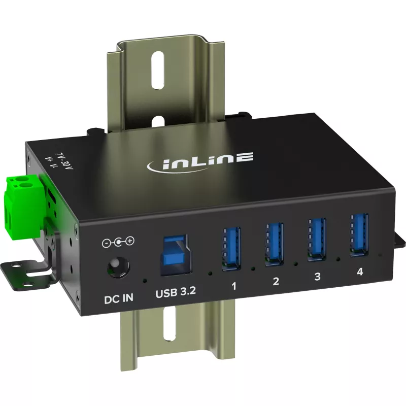 InLine 35396A USB 3.2 Gen 1 -teollisuushubi, 4x USB-A, USB-B-isäntäportti, 5 Gbit/s, alumiinikotelo, musta, virtalähteellä