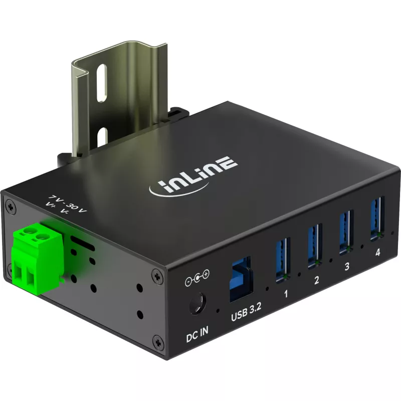 InLine 35396A USB 3.2 Gen 1 -teollisuushubi, 4x USB-A, USB-B-isäntäportti, 5 Gbit/s, alumiinikotelo, musta, virtalähteellä