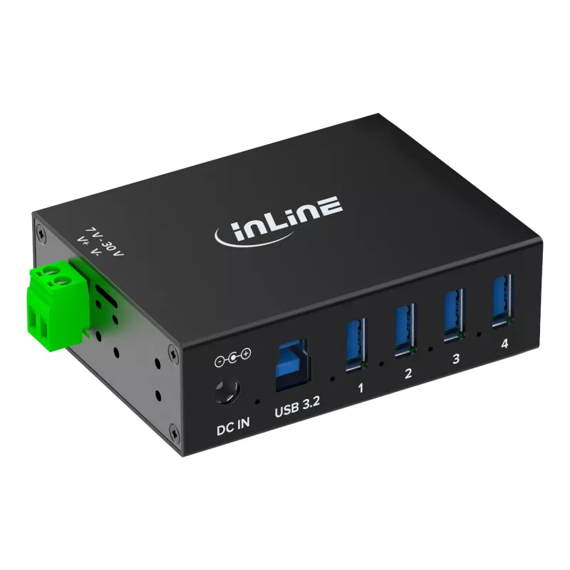 InLine 35396A USB 3.2 Gen 1 -teollisuushubi, 4x USB-A, USB-B-isäntäportti, 5 Gbit/s, alumiinikotelo, musta, virtalähteellä