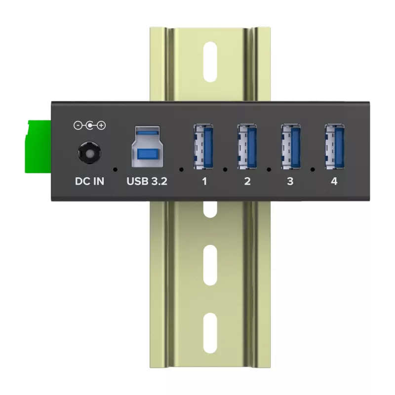 InLine 35396A USB 3.2 Gen 1 -teollisuushubi, 4x USB-A, USB-B-isäntäportti, 5 Gbit/s, alumiinikotelo, musta, virtalähteellä