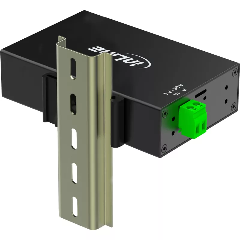 InLine 35396A USB 3.2 Gen 1 -teollisuushubi, 4x USB-A, USB-B-isäntäportti, 5 Gbit/s, alumiinikotelo, musta, virtalähteellä