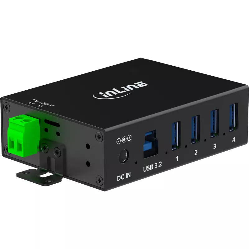 InLine 35396A USB 3.2 Gen 1 -teollisuushubi, 4x USB-A, USB-B-isäntäportti, 5 Gbit/s, alumiinikotelo, musta, virtalähteellä