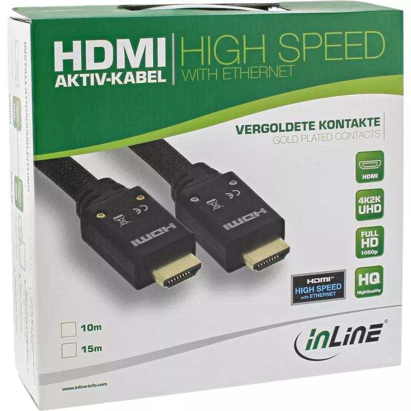 InLine HDMI-aktiivikaapeli, HDMI-High Speed Ethernetillä, M/M, nylonpunos, 15 m