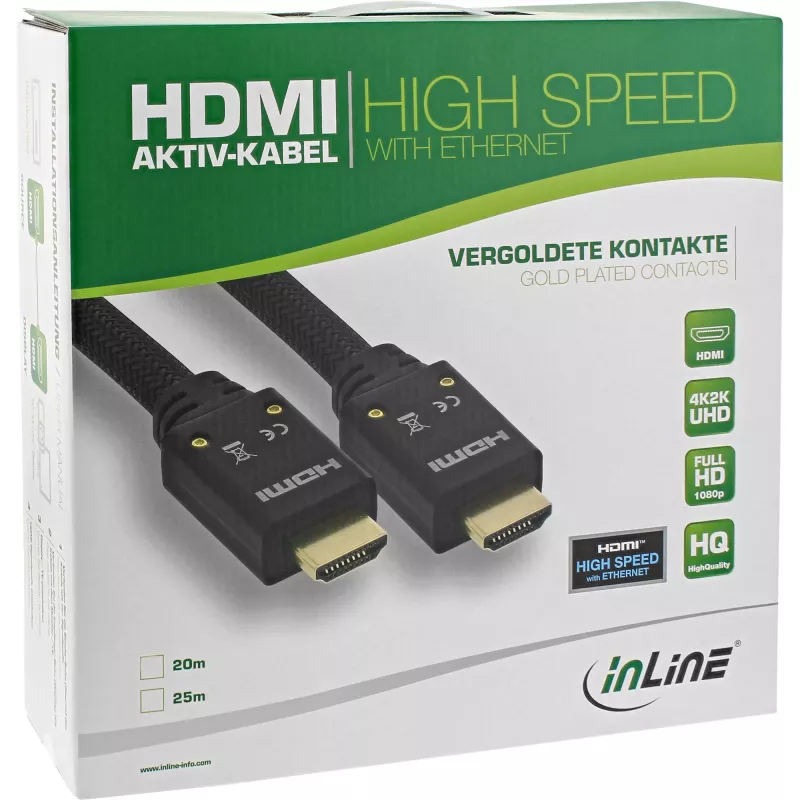 InLine HDMI-aktiivikaapeli, HDMI-High Speed Ethernetillä, M/M, nylonpunos, 20 m