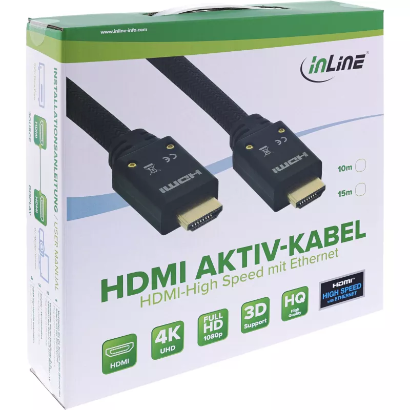InLine HDMI-aktiivikaapeli, HDMI-High Speed Ethernetillä, M/M, nylonpunos, 10 m