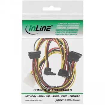 InLine sisäinen Y-virtakaapeli 1x Molex / 4x SATA kulmaliitin lukituksilla 0,40+0,55 m