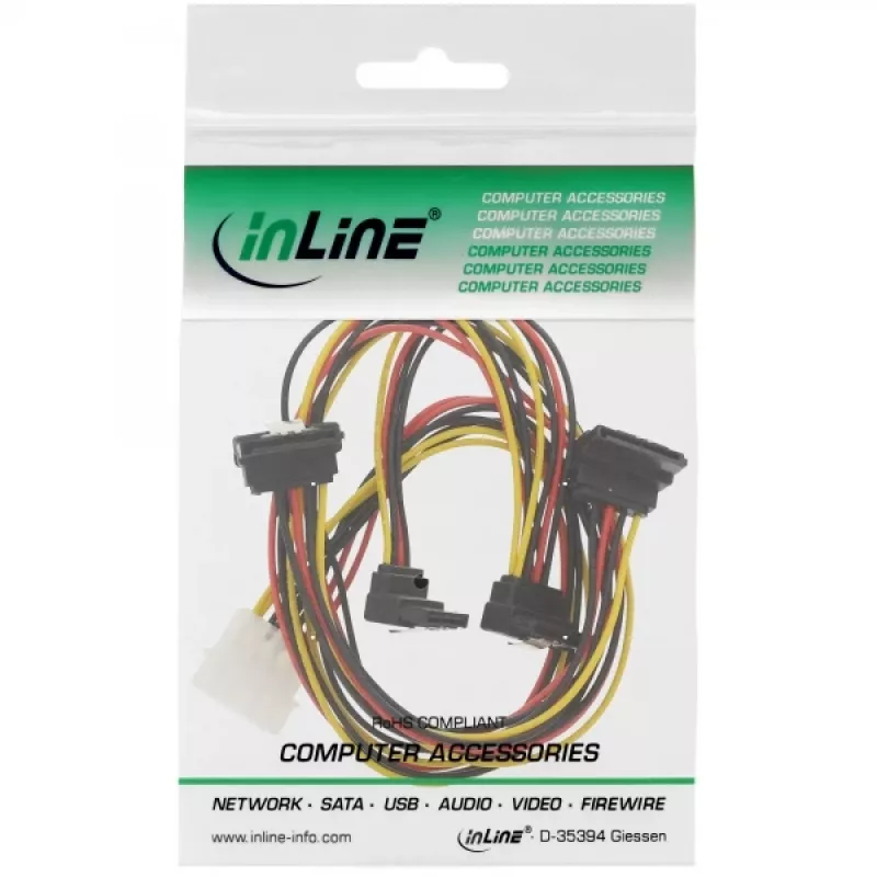 InLine sisäinen Y-virtakaapeli 1x Molex / 4x SATA kulmaliitin lukituksilla 0,40+0,55 m