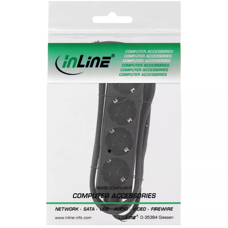 InLine jatkopistorasia, 4-osainen suojakosketin CEE 7/3, musta, 3 m