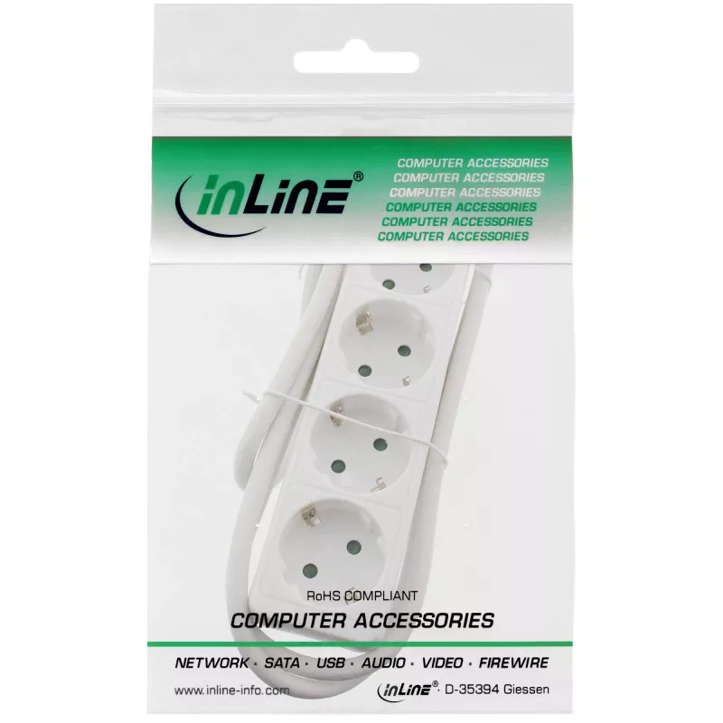InLine jatkopistorasia, 4-osainen suojakosketin CEE 7/3, valkoinen, 3 m