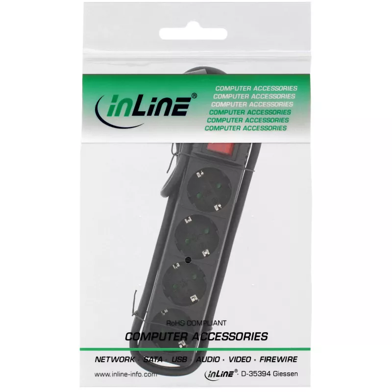 InLine jatkopistorasia, 4-osainen suojakosketin CEE 7/3, kytkimellä, musta, 3 m