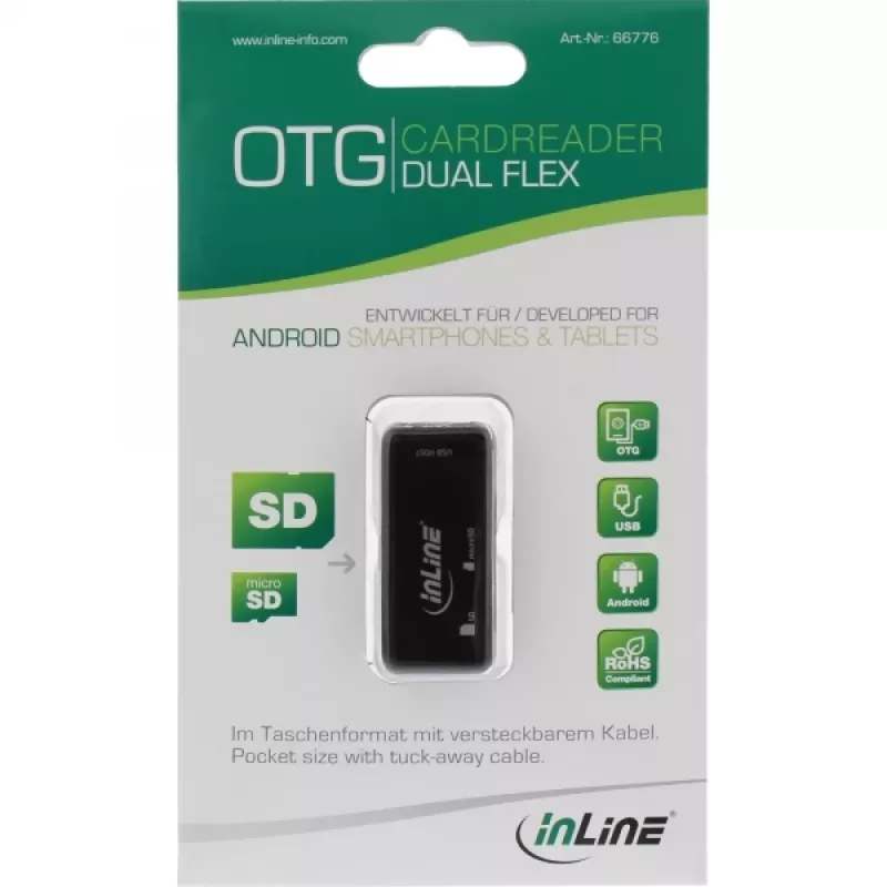 InLine OTG-kortinlukija Dual Flex SD, microSD USB-portilla ja 2 korttipaikalla
