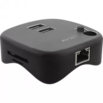 InLine USB 3.0 -monisovitin, 2x USB-A, RJ45, SD/microSD-kortinlukija, musta