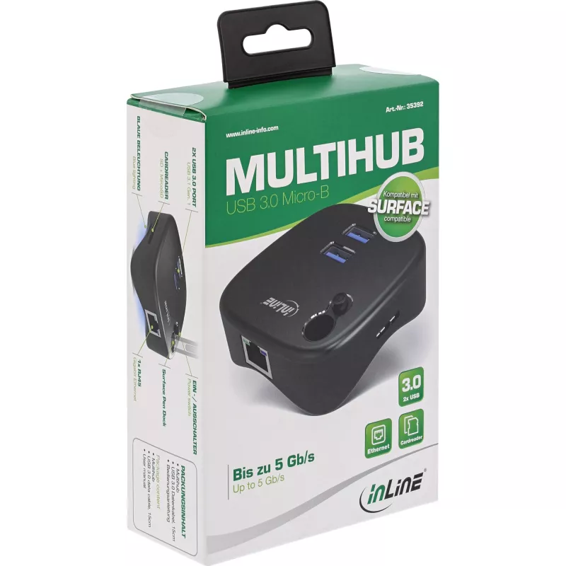InLine USB 3.0 -monisovitin, 2x USB-A, RJ45, SD/microSD-kortinlukija, musta