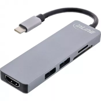 InLine-monikeskitin USB 3.2 Gen.1, 2x USB-A, HDMI 4K/30Hz, kortinlukija, alumiini, harmaa