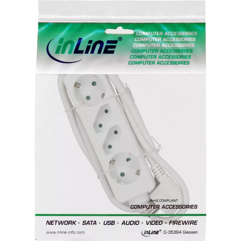 InLine jatkojohto, 4-osainen, 2x CEE7/3 + 2x Euro CEE 7/16, valkoinen, 1,5 m