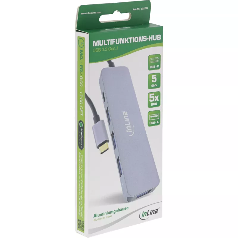 USB-keskitin InLine USB 3.2 USB-C Multi Hub 4x USB-A 5Gb/s + USB-C (data/PD 87W)