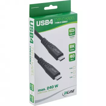 USB4-kaapeli InLine USB-C-uros USB-C-urokseen, USB4 Gen 3x2, 40 Gbit/s, PD 240W, 8K@60Hz, TPE, 2 m