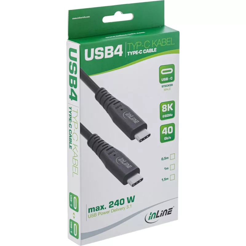 USB4-kaapeli InLine USB-C-uros USB-C-urokseen, USB4 Gen 3x2, 40 Gbit/s, PD 240W, 8K@60Hz, TPE, 2 m