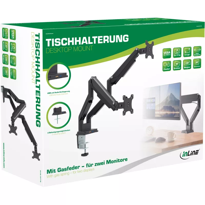 InLine pöytäteline nostomekanismilla ja USB/audio, 2 näyttöä enintään 81 cm (32 tuumaa), musta