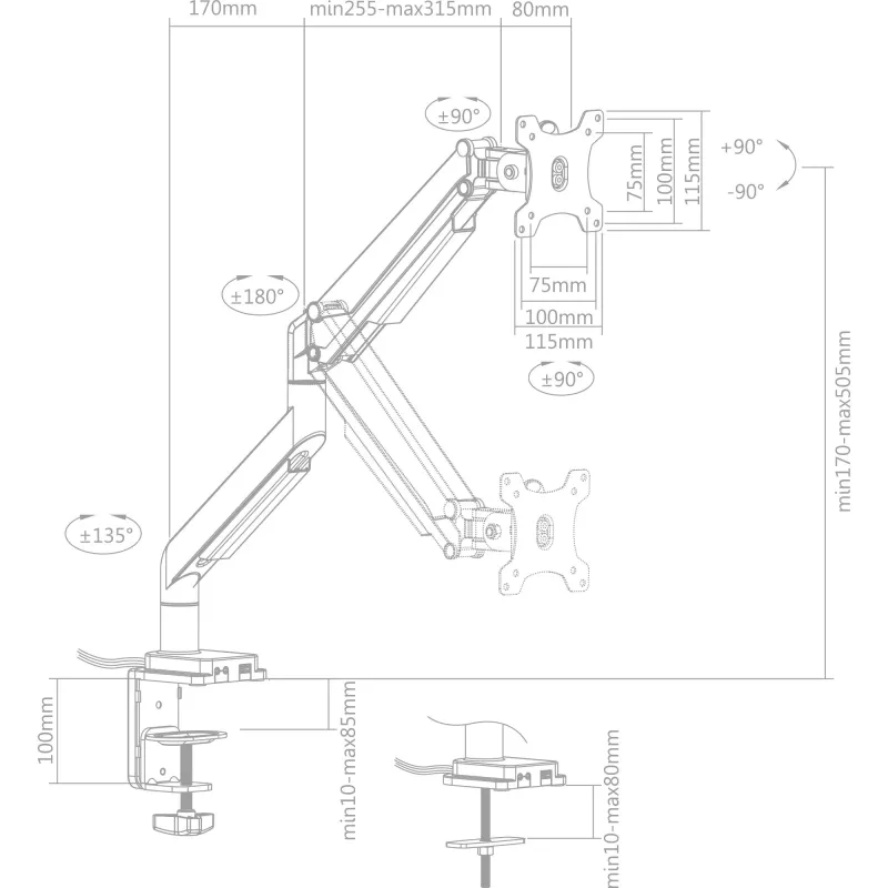 InLine pöytäteline nostimella ja USB/audio enintään 82 cm 32 tuumaa 9 kg
