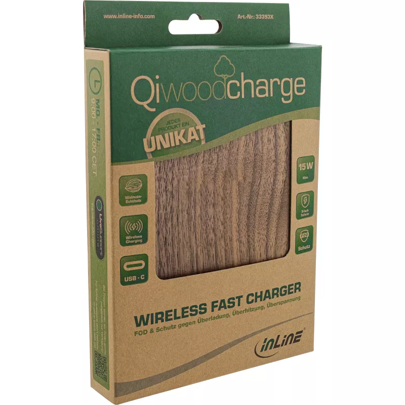 InLine Qi woodcharge, langaton pikalaturi, 5/7,5/10W/15W, USB-C, ilman logoa