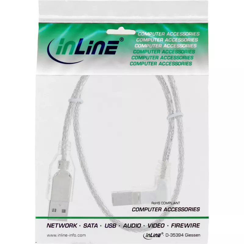 InLine USB 2.0 -kaapeli suorakulmainen Type-A uros / B uros läpinäkyvä 0,5 m