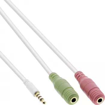 InLine audio headset -sovitinkaapeli 3,5 mm uros 4-napainen / 2x 3,5 mm, valkoinen, 1 m