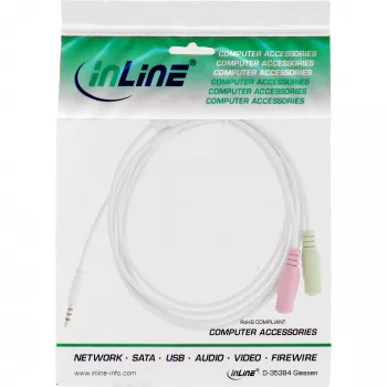 InLine audio headset -sovitinkaapeli 3,5 mm uros 4-napainen / 2x 3,5 mm, valkoinen, 1 m