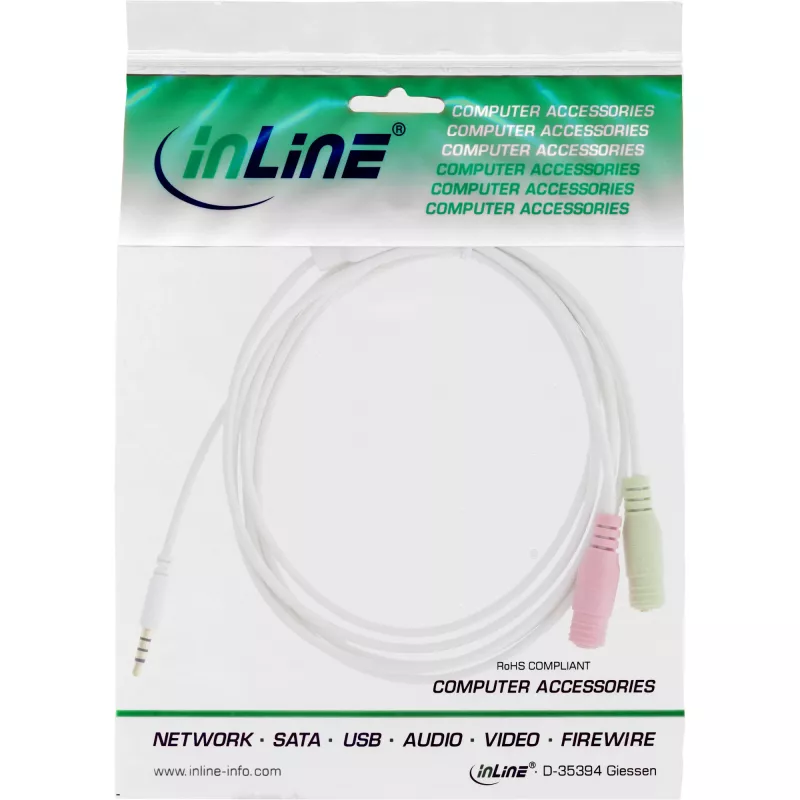 InLine audio headset -sovitinkaapeli 3,5 mm uros 4-napainen / 2x 3,5 mm, valkoinen, 1 m