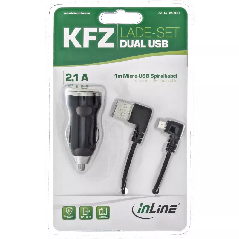 InLine USB DUAL+ autolataussarja, virtalähde 1 m spiraalikaapelilla