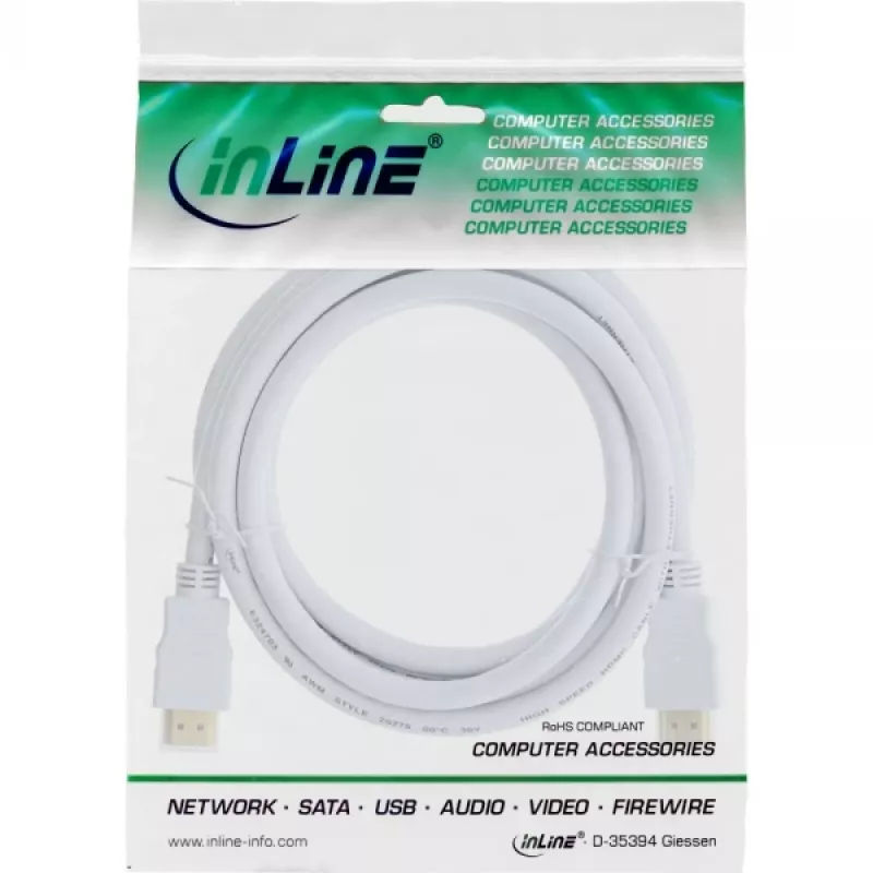 InLine High Speed HDMI-kaapeli Ethernetillä, M/M, valkoinen, kullatut kontaktit, 2 m