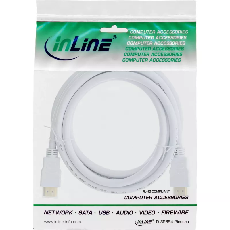 InLine High Speed HDMI-kaapeli Ethernetillä, M/M, valkoinen, kullatut kontaktit, 1,5 m