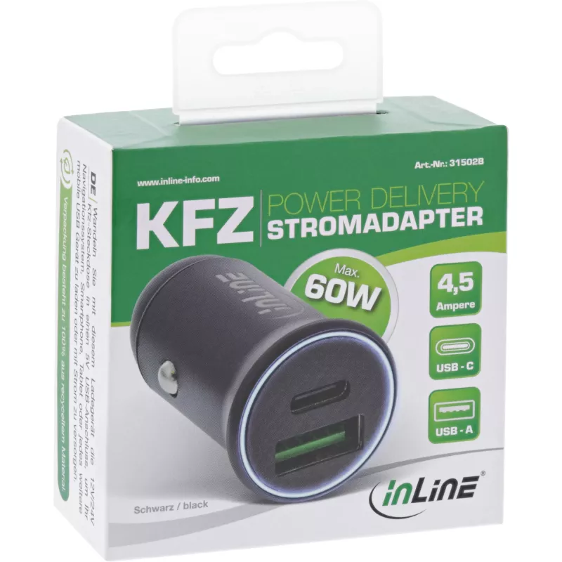 InLine USB-autolaturi virtasovitin Power Delivery, USB-A + USB-C, musta
