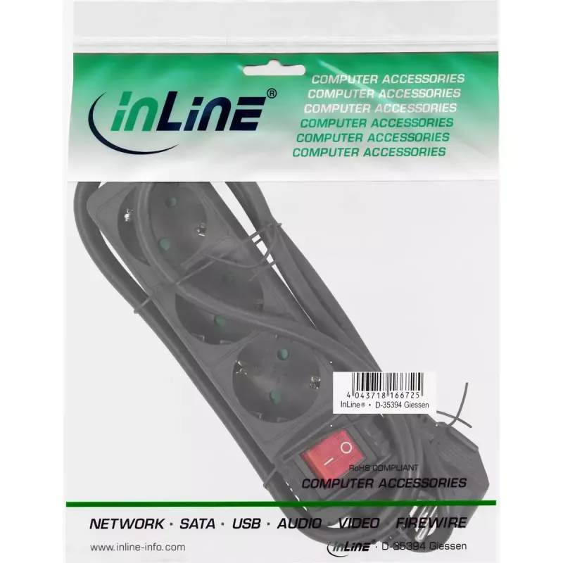 InLine jatkojohto, 3-osainen suojakosketin CEE 7/3, musta, 1,5 m