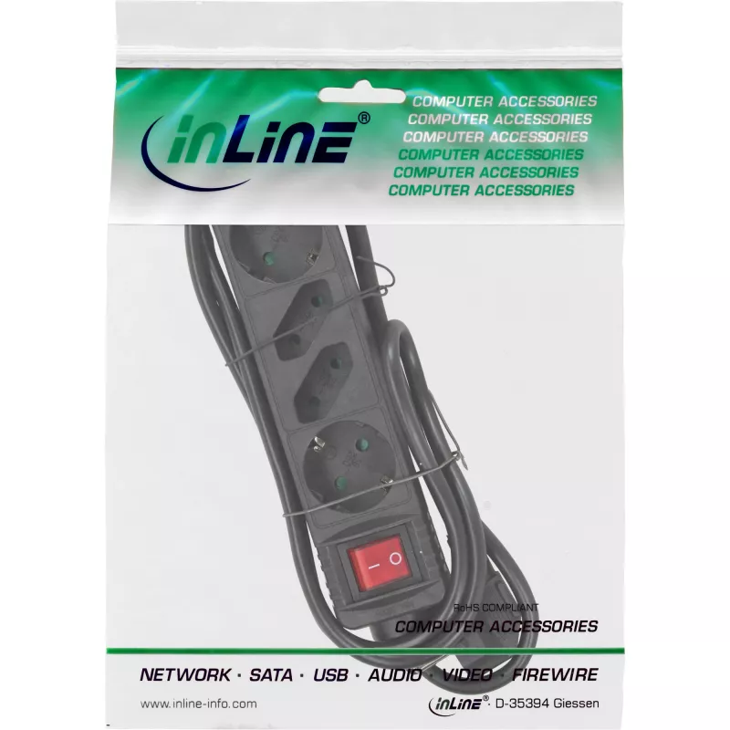 InLine jatkojohto, 4-osainen, 2x CEE7/3 + 2x Euro CEE 7/16, musta, 3 m