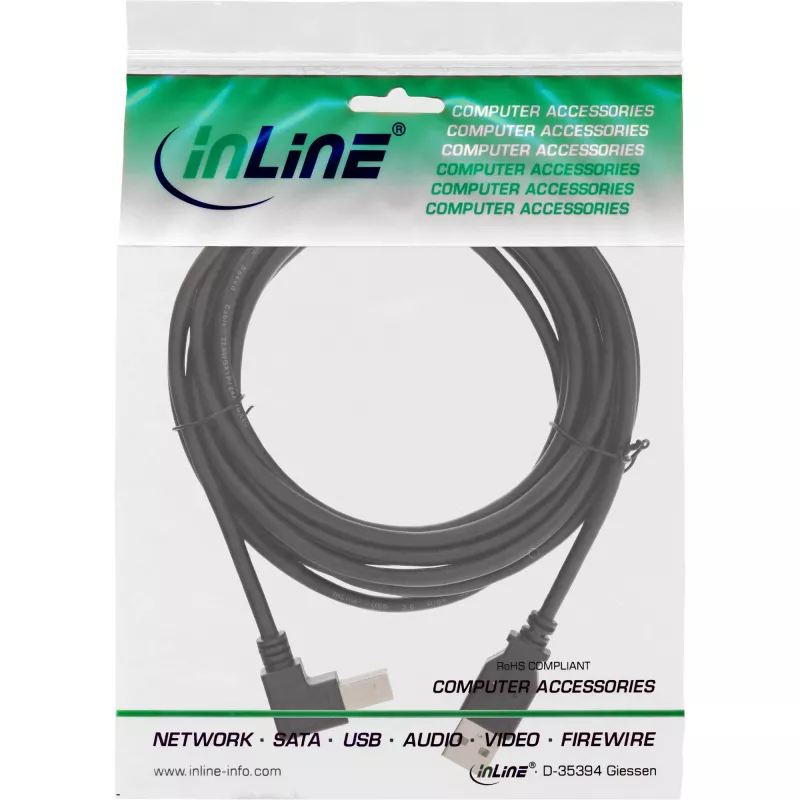 InLine USB 2.0 -kaapeli kulmaliitin Type-A uros / B uros, musta, 3 m
