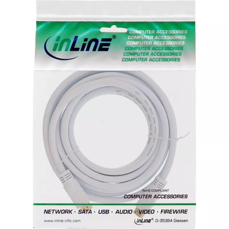 InLine High Speed HDMI -kaapeli Ethernetillä, M/M, valkoinen, kullatut kontaktit, 5 m