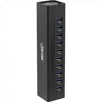 InLine USB 3.0 10 portin keskitin alumiinikotelo 4A virtalähteellä, musta