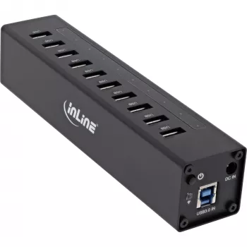 InLine USB 3.0 10 portin keskitin alumiinikotelo 4A virtalähteellä, musta