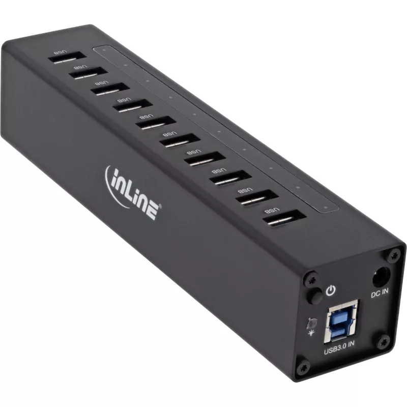 InLine USB 3.0 10 portin keskitin alumiinikotelo 4A virtalähteellä, musta