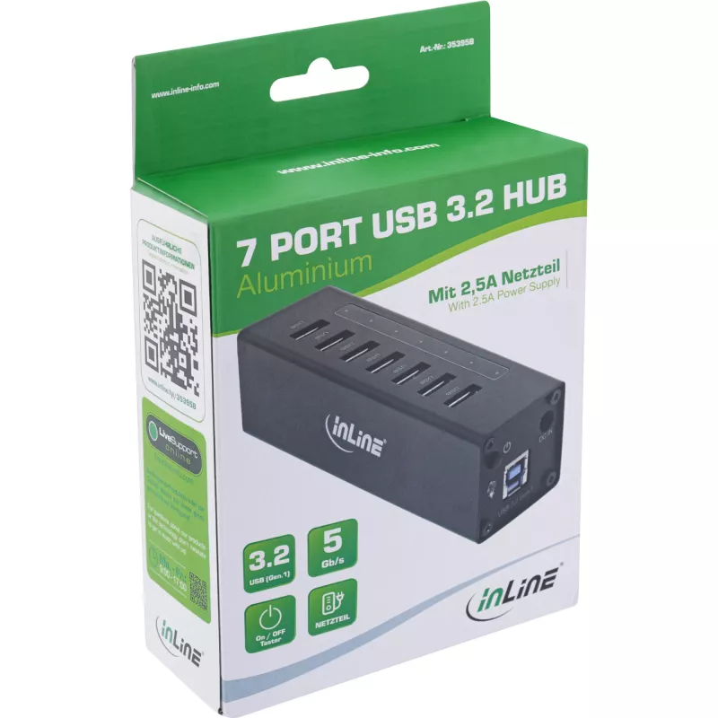 InLine USB 3.0 -keskitin, 7 porttia, alumiinikotelo, 2,5 A virtalähteellä
